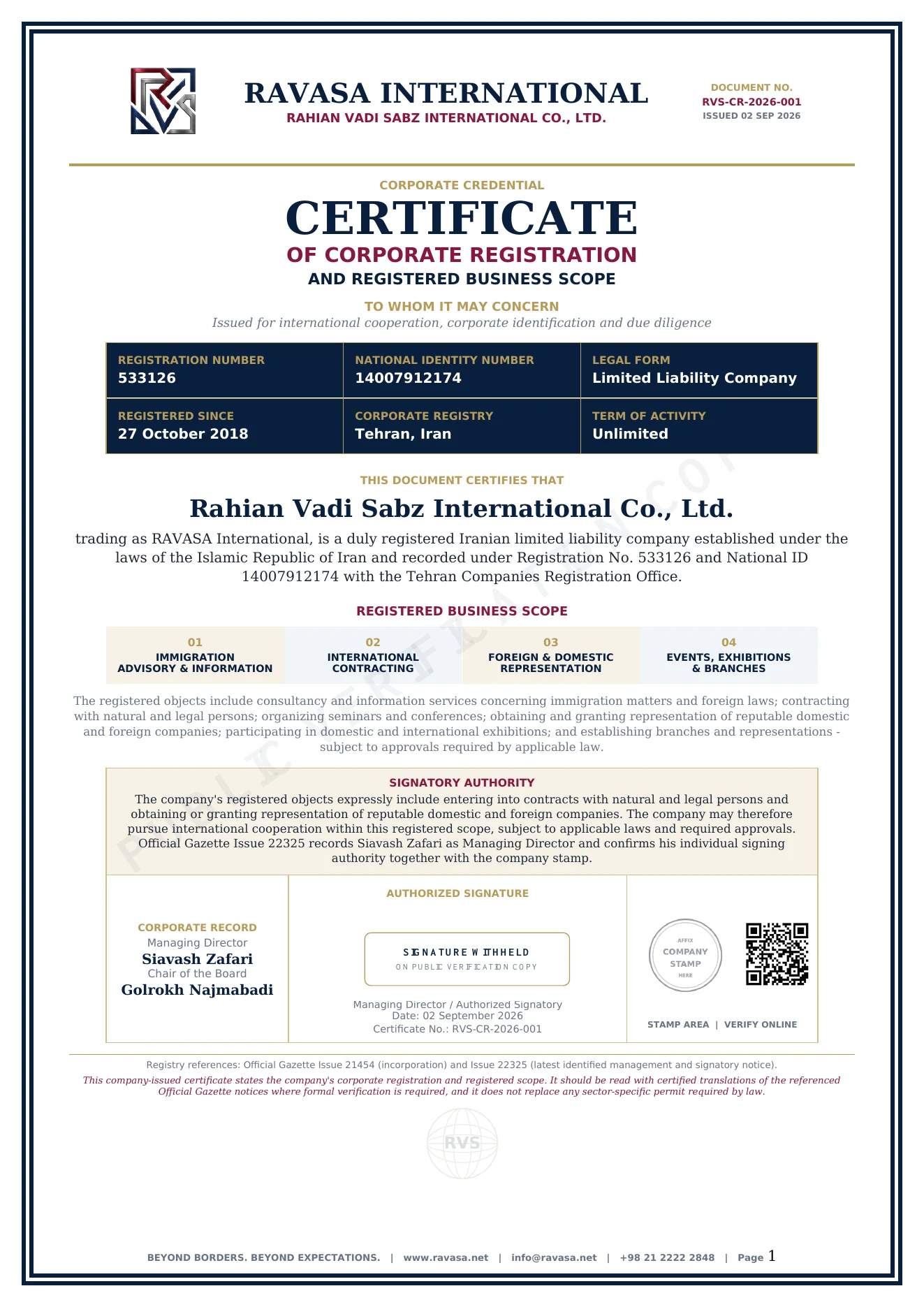 Public verification copy of RAVASA corporate certificate RVS-CR-2026-001